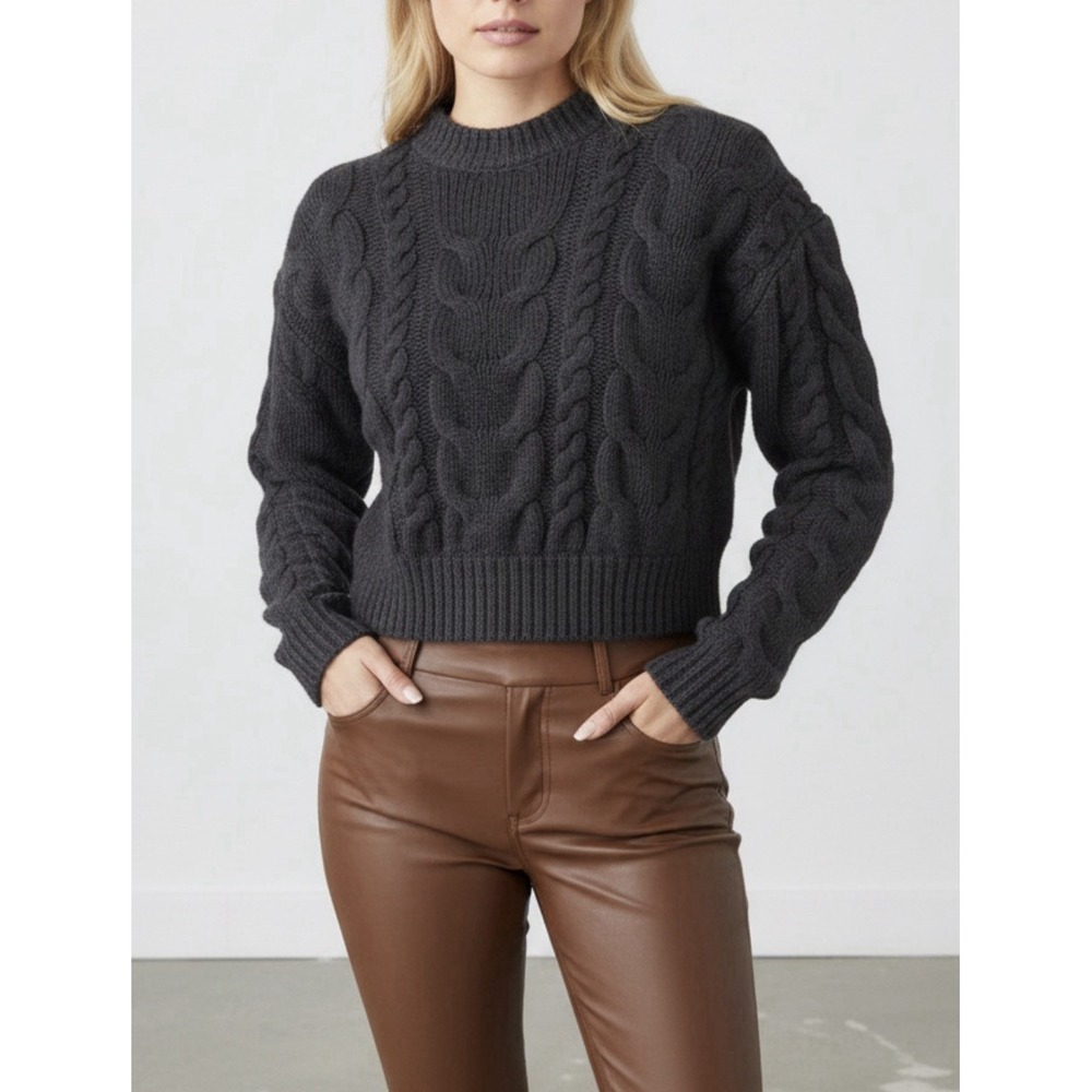 FRAME Grey Merino Wool Cable Knit Crewneck Cropped Sweater Sz XS Cozy Cabincore